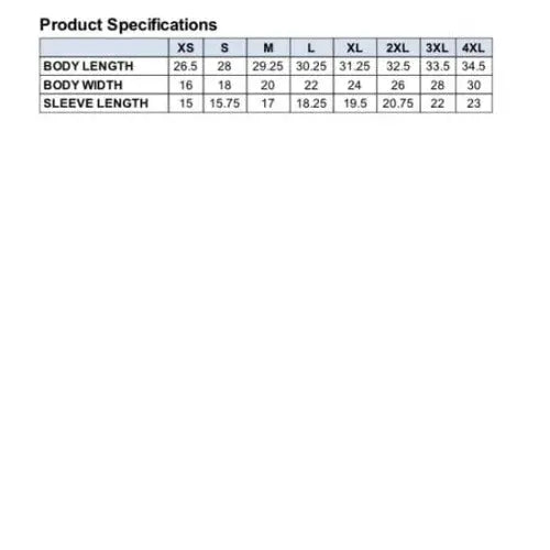 Modified Empire V1 Shirt Sizing Chart