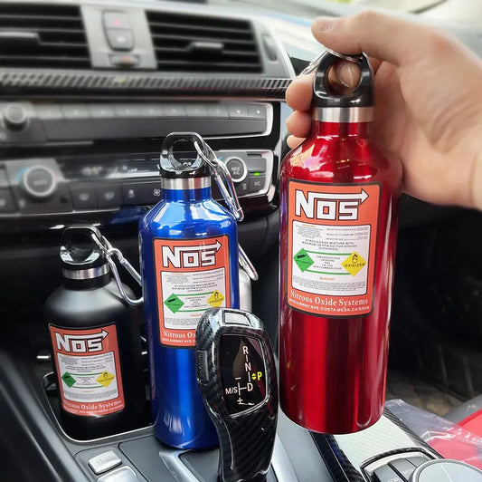 Black, Blue, And Red Nos Water Bottle Front